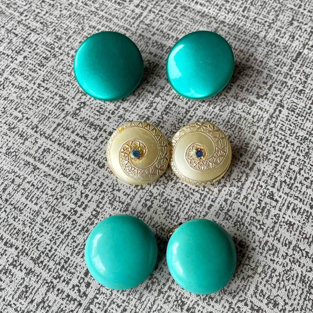 Lot of 3 50's Clip on Earrings Blue, Teal, Cream Rhinestone